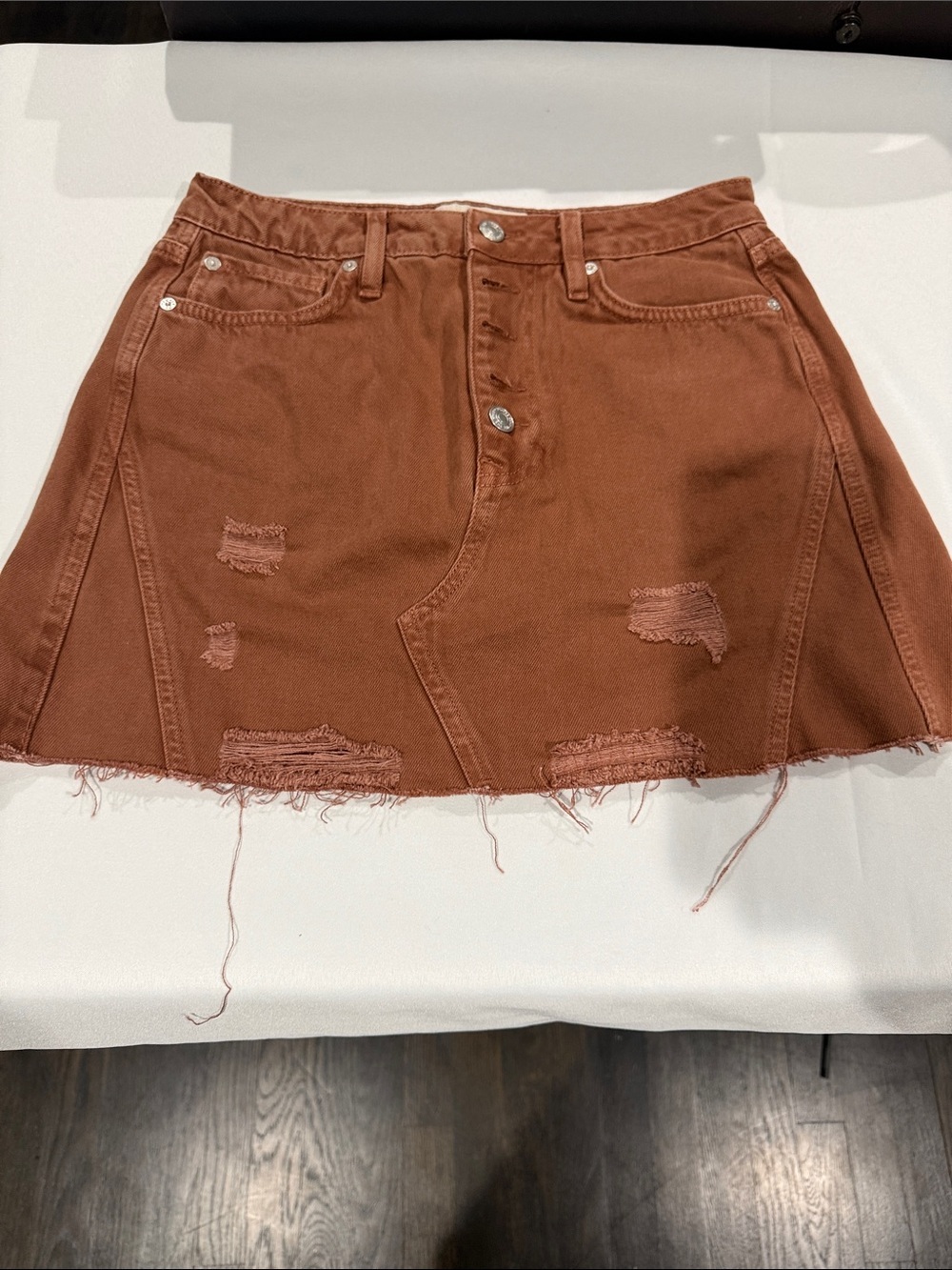 Free People Rust Brown Distressed Denim Mini Skirt